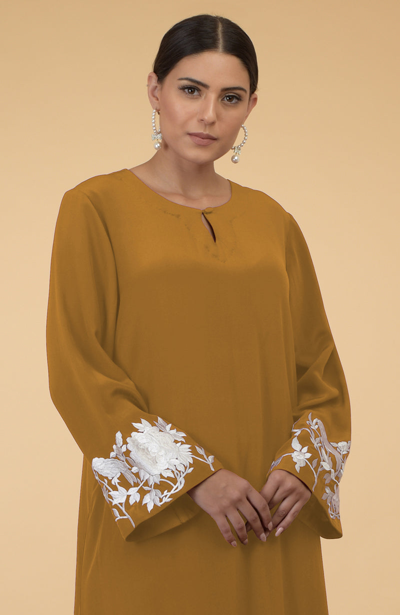 Muted Mustard Floral & Birds Embroidered Kaftan