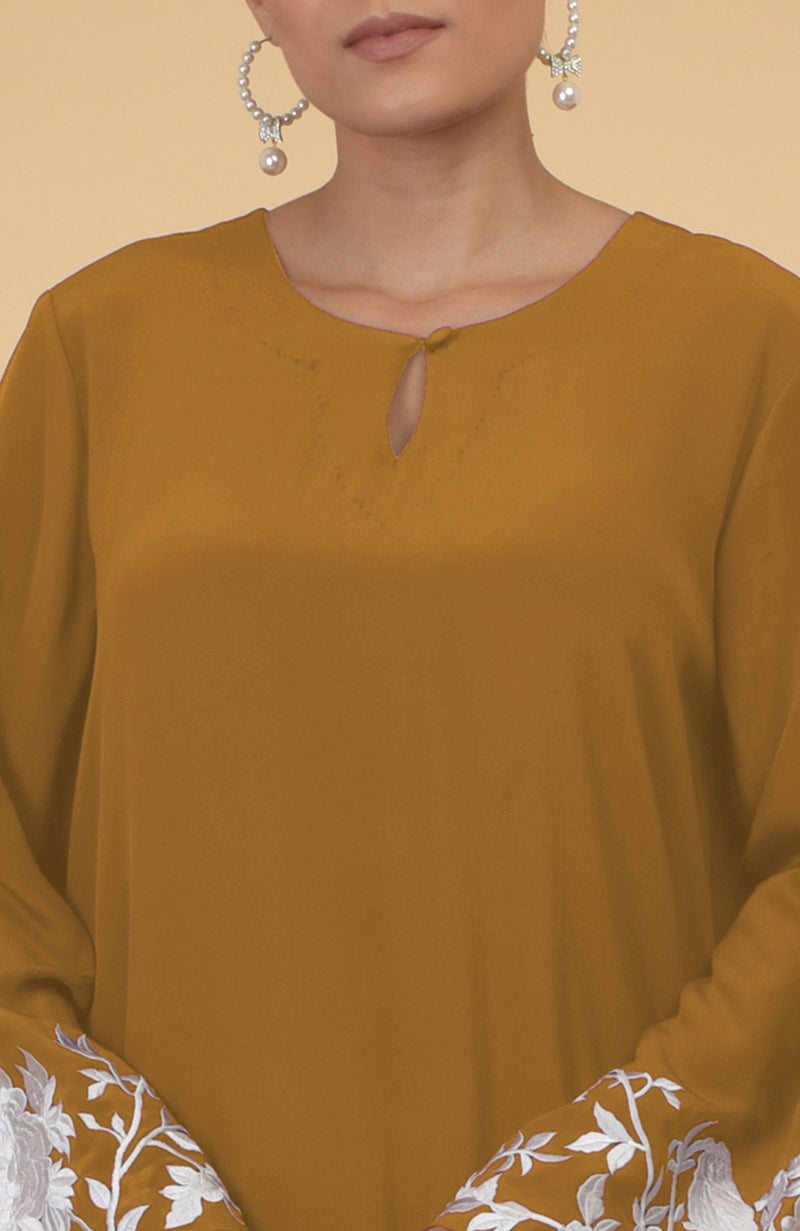 Muted Mustard Floral & Birds Embroidered Kaftan