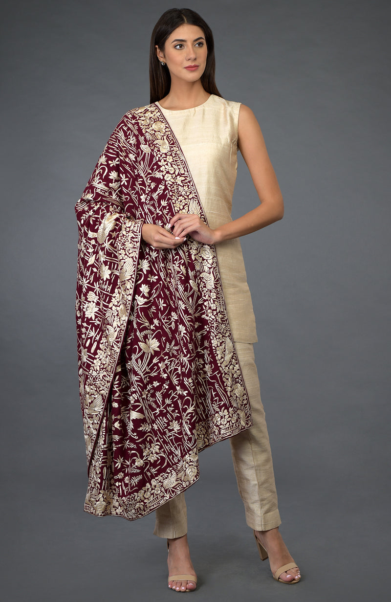 Maroon-Ivory Parsi Gara Pure Pashmina Shawl