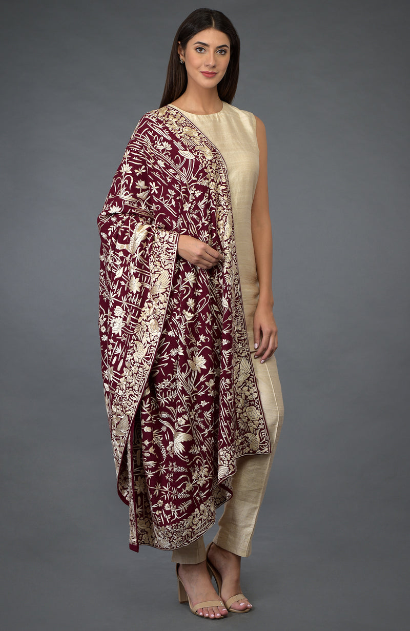 Maroon-Ivory Parsi Gara Pure Pashmina Shawl