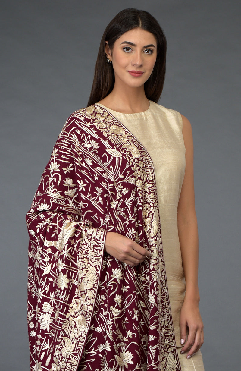 Maroon-Ivory Parsi Gara Pure Pashmina Shawl