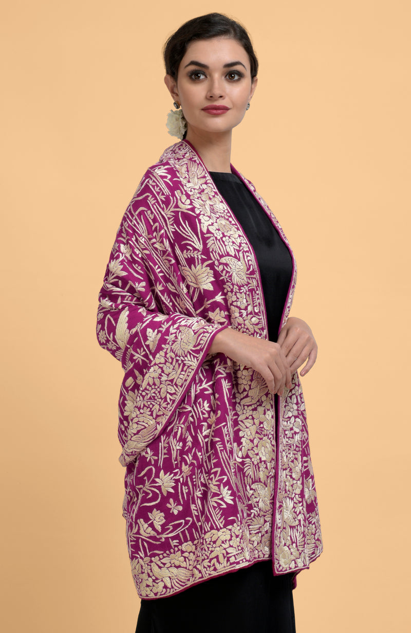 Magenta Parsi Gara Pure Pashmina Shawl