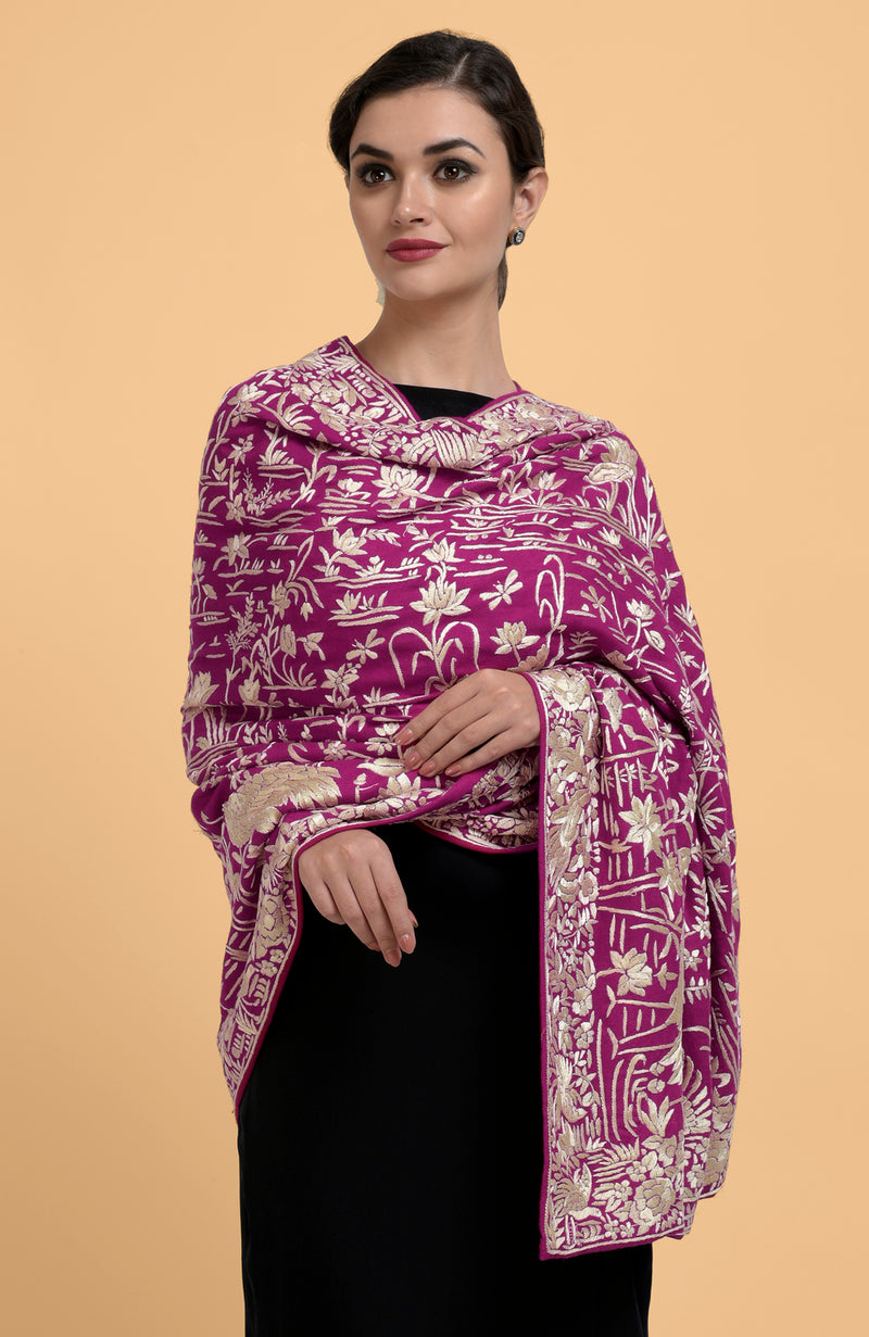 Magenta Parsi Gara Pure Pashmina Shawl