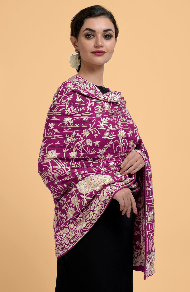 Magenta Parsi Gara Pure Pashmina Shawl