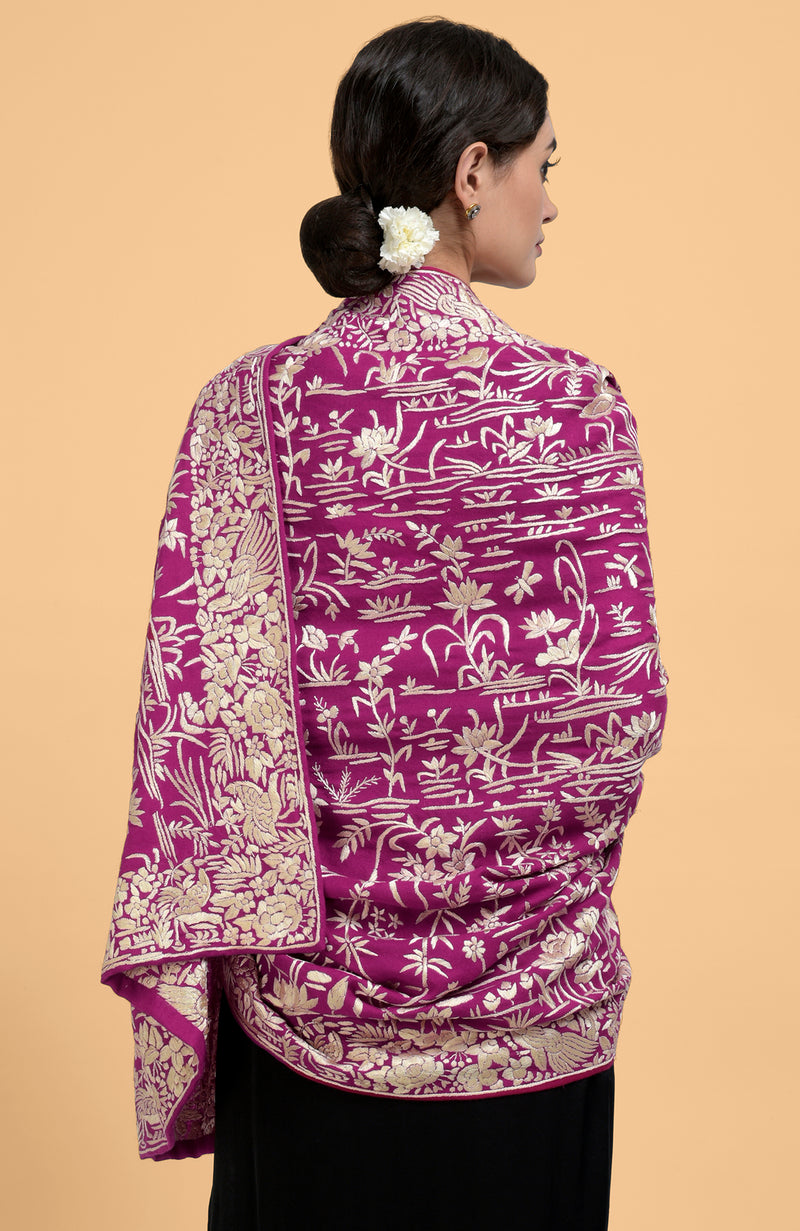 Magenta Parsi Gara Pure Pashmina Shawl