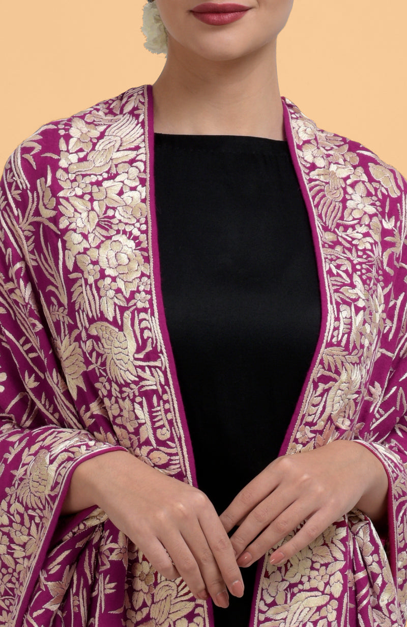 Magenta Parsi Gara Pure Pashmina Shawl