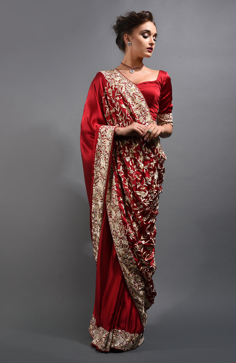 Red- Beige Parsi Gara Hand Embroidered Saree
