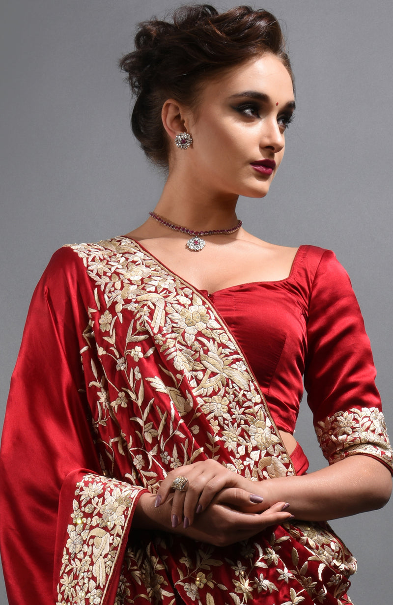 Red- Beige Parsi Gara Hand Embroidered Saree
