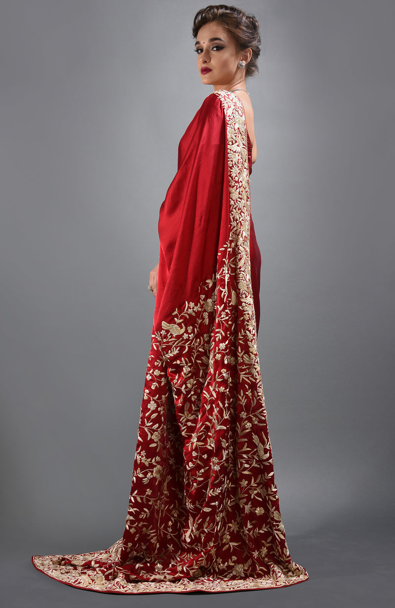 Red- Beige Parsi Gara Hand Embroidered Saree