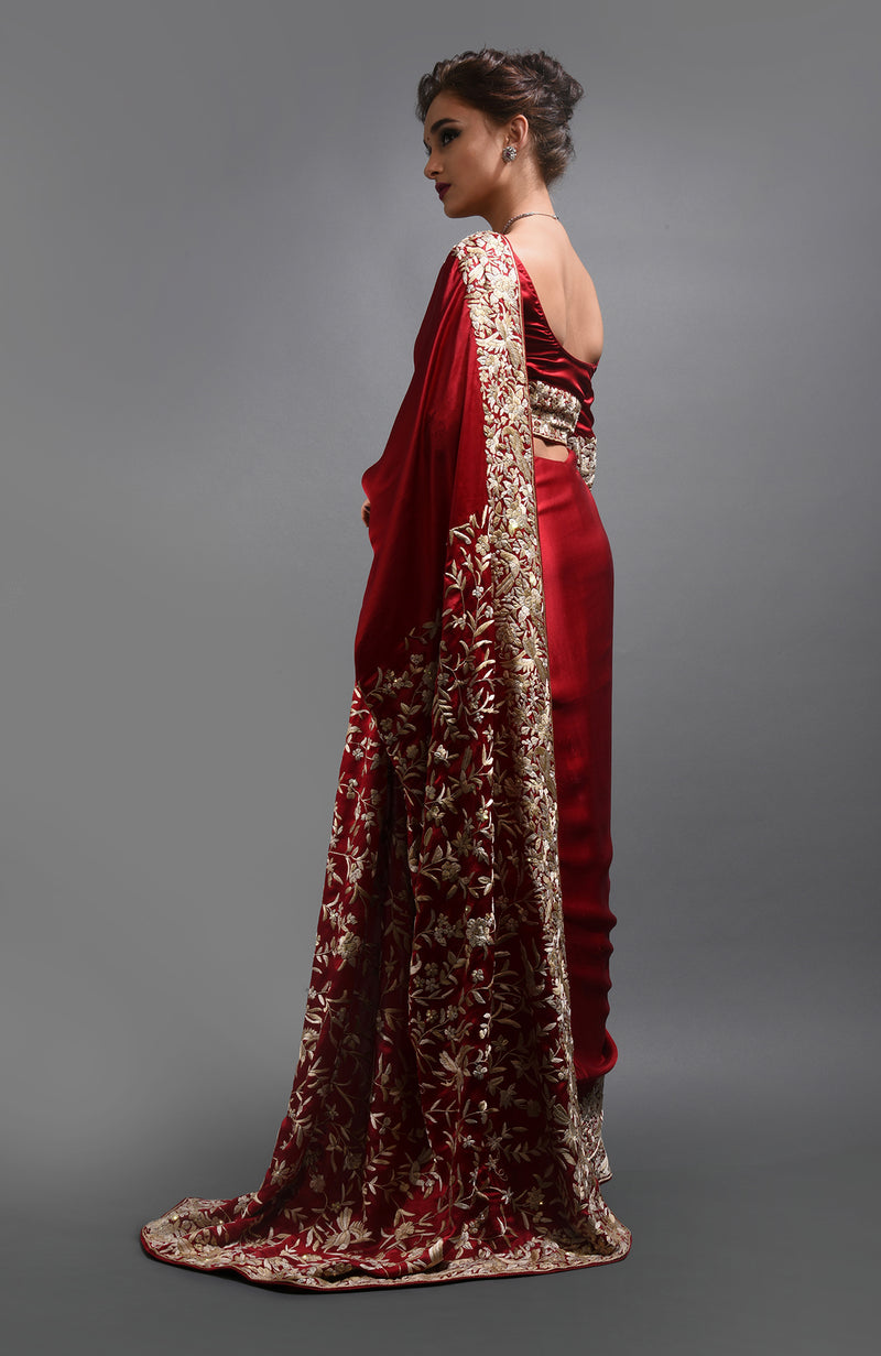Red- Beige Parsi Gara Hand Embroidered Saree