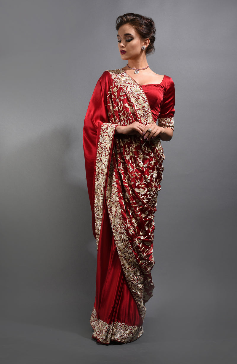 Red- Beige Parsi Gara Hand Embroidered Saree
