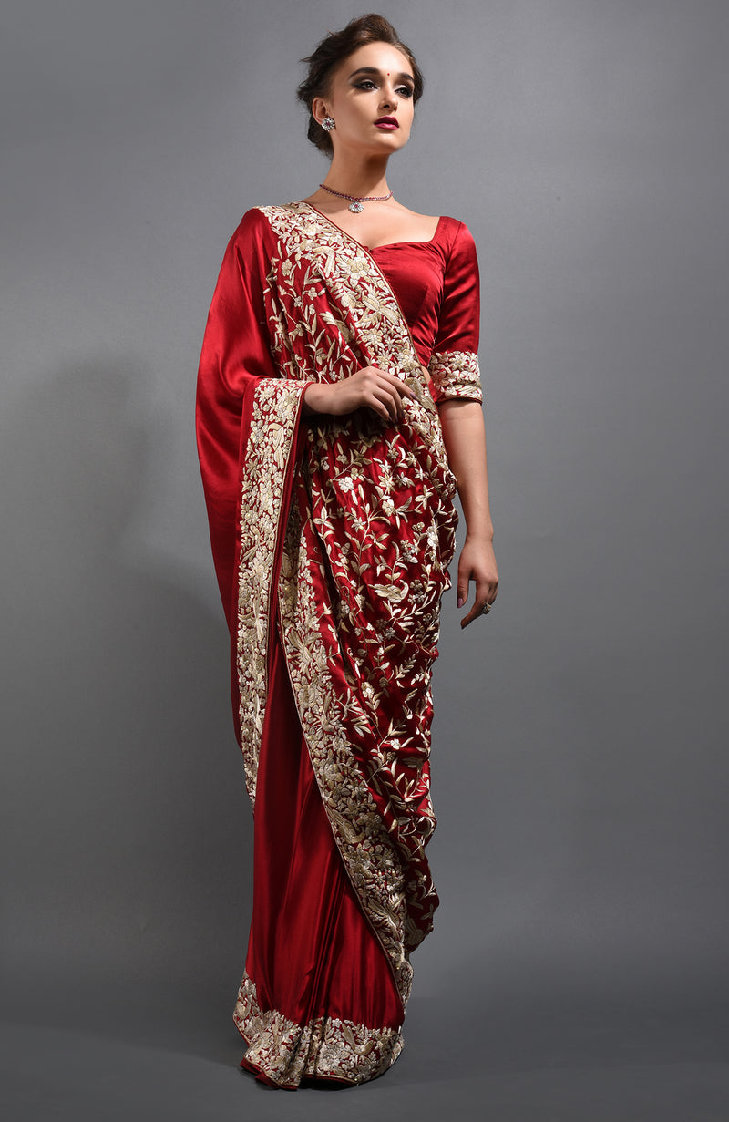 Red- Beige Parsi Gara Hand Embroidered Saree