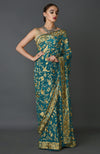 Masterpiece Teal Blue Parsi Gara Hand Embroidered Saree