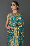 Masterpiece Teal Blue Parsi Gara Hand Embroidered Saree