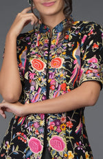 Black Parsi Gara Embroidered Flared Jacket and Skirt Set