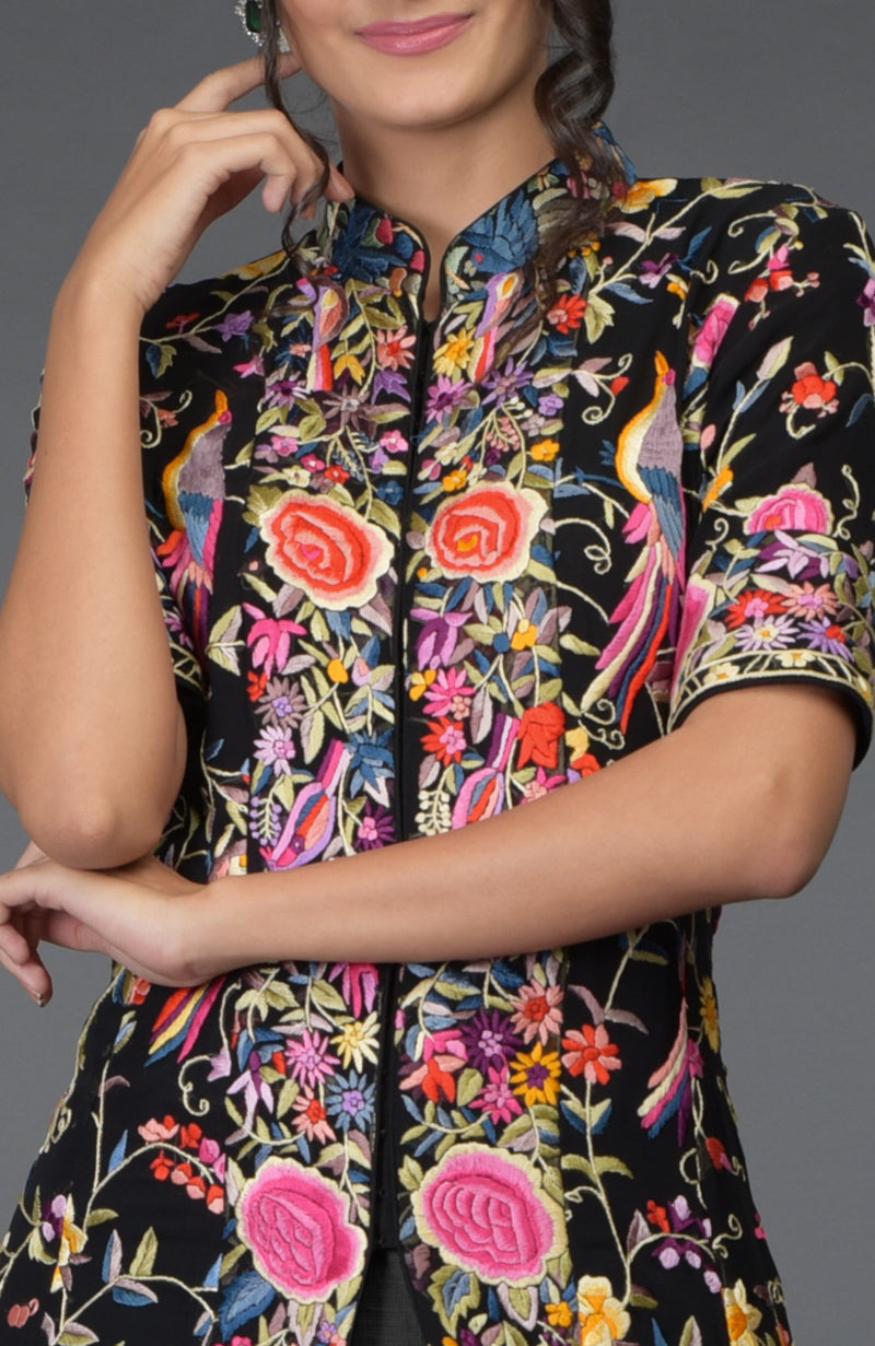 Black Parsi Gara Embroidered Flared Jacket and Skirt Set