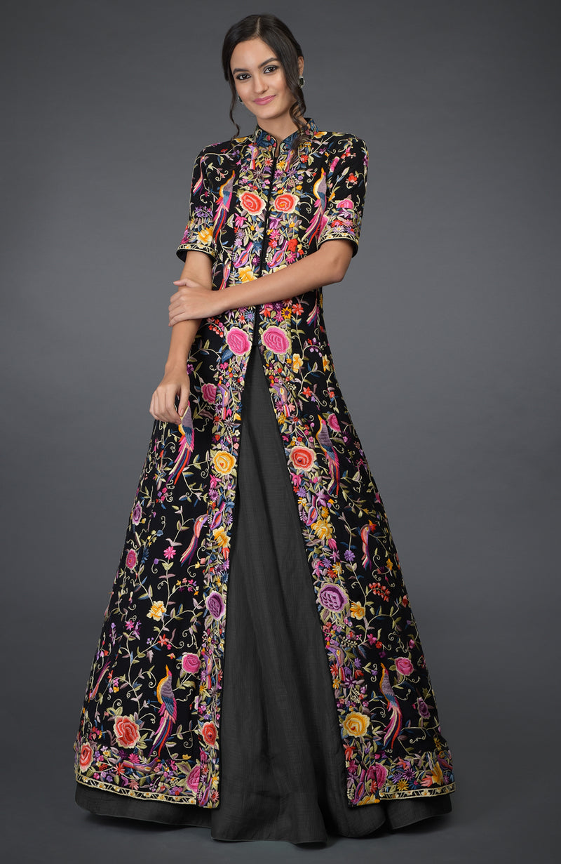 Black Parsi Gara Embroidered Flared Jacket and Skirt Set