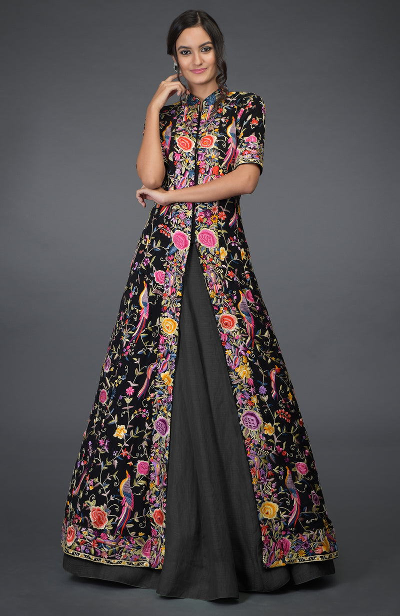 Black Parsi Gara Embroidered Flared Jacket and Skirt Set