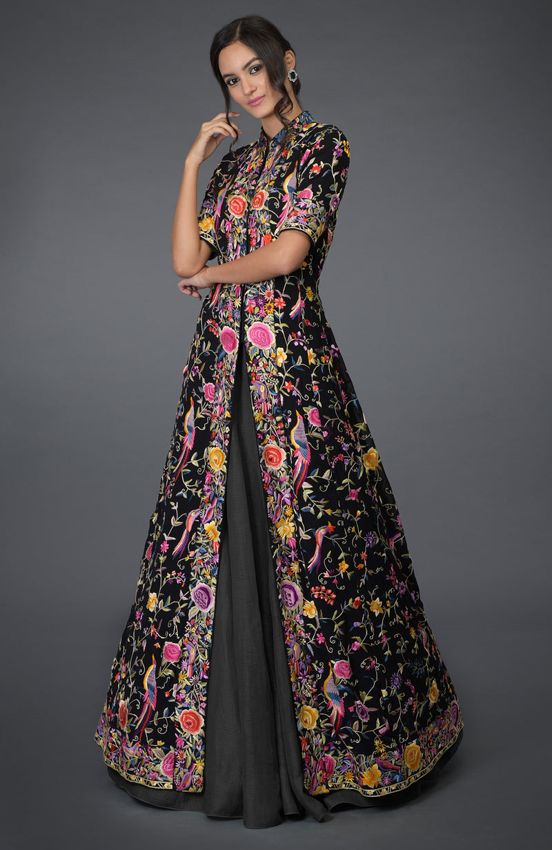Black Parsi Gara Embroidered Flared Jacket and Skirt Set