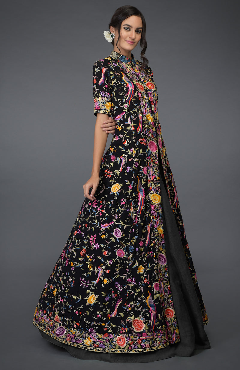 Black Parsi Gara Embroidered Flared Jacket and Skirt Set