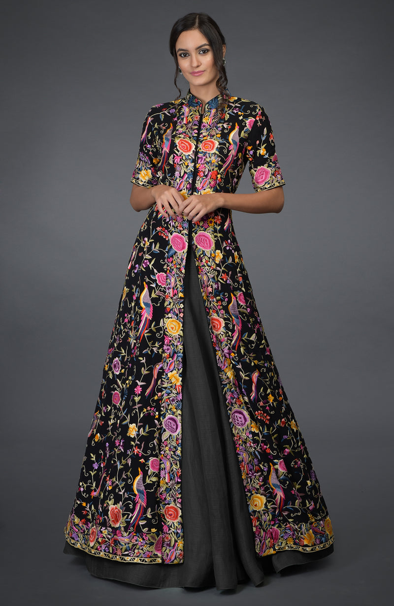 Black Parsi Gara Embroidered Flared Jacket and Skirt Set