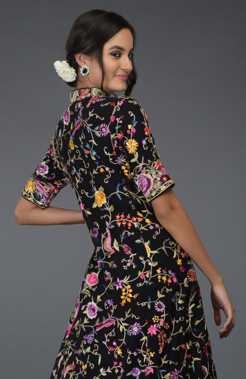 Black Parsi Gara Embroidered Flared Jacket and Skirt Set