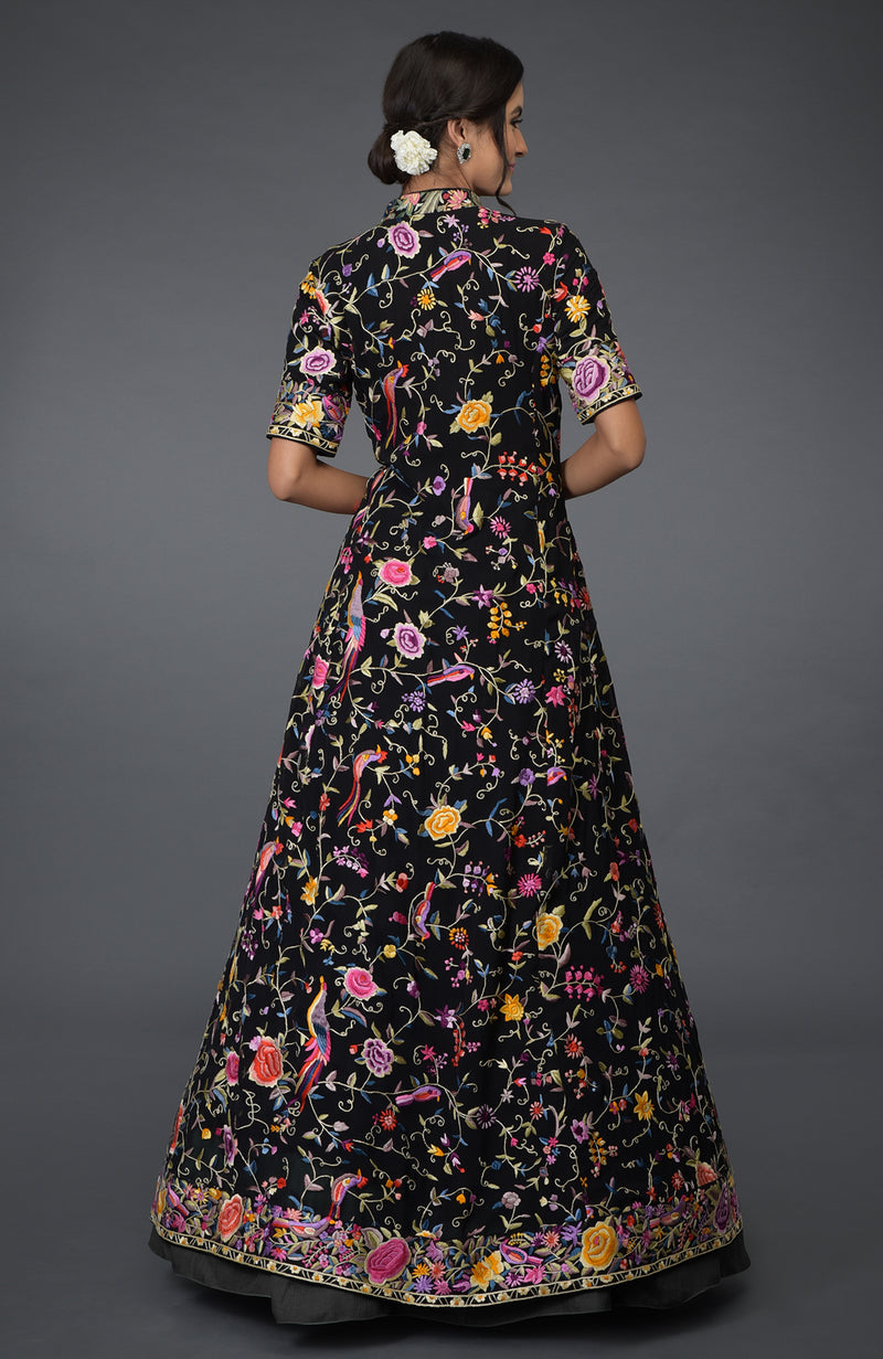 Black Parsi Gara Embroidered Flared Jacket and Skirt Set