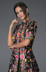 Black Parsi Gara Embroidered Flared Jacket and Skirt Set