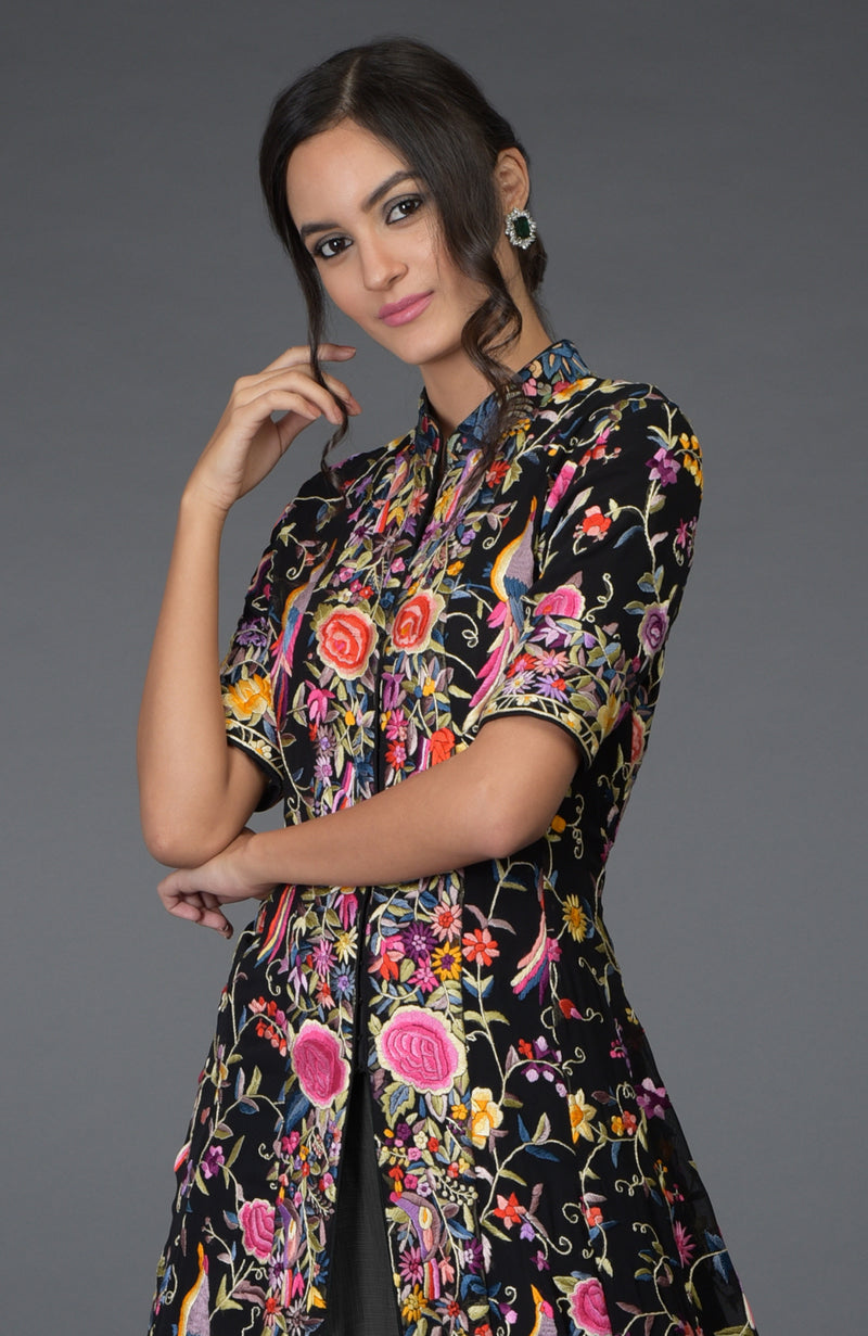 Black Parsi Gara Embroidered Flared Jacket and Skirt Set