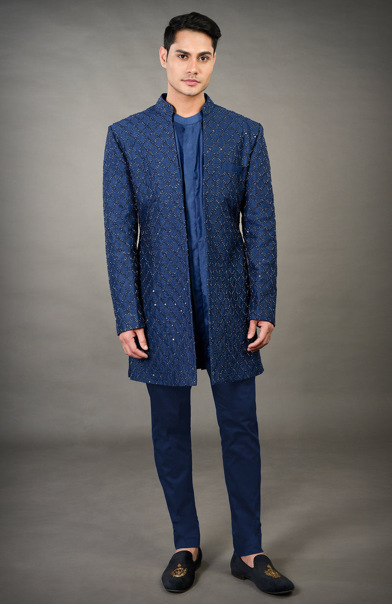 Navy Blue Chikankari Embellished Jacket Set