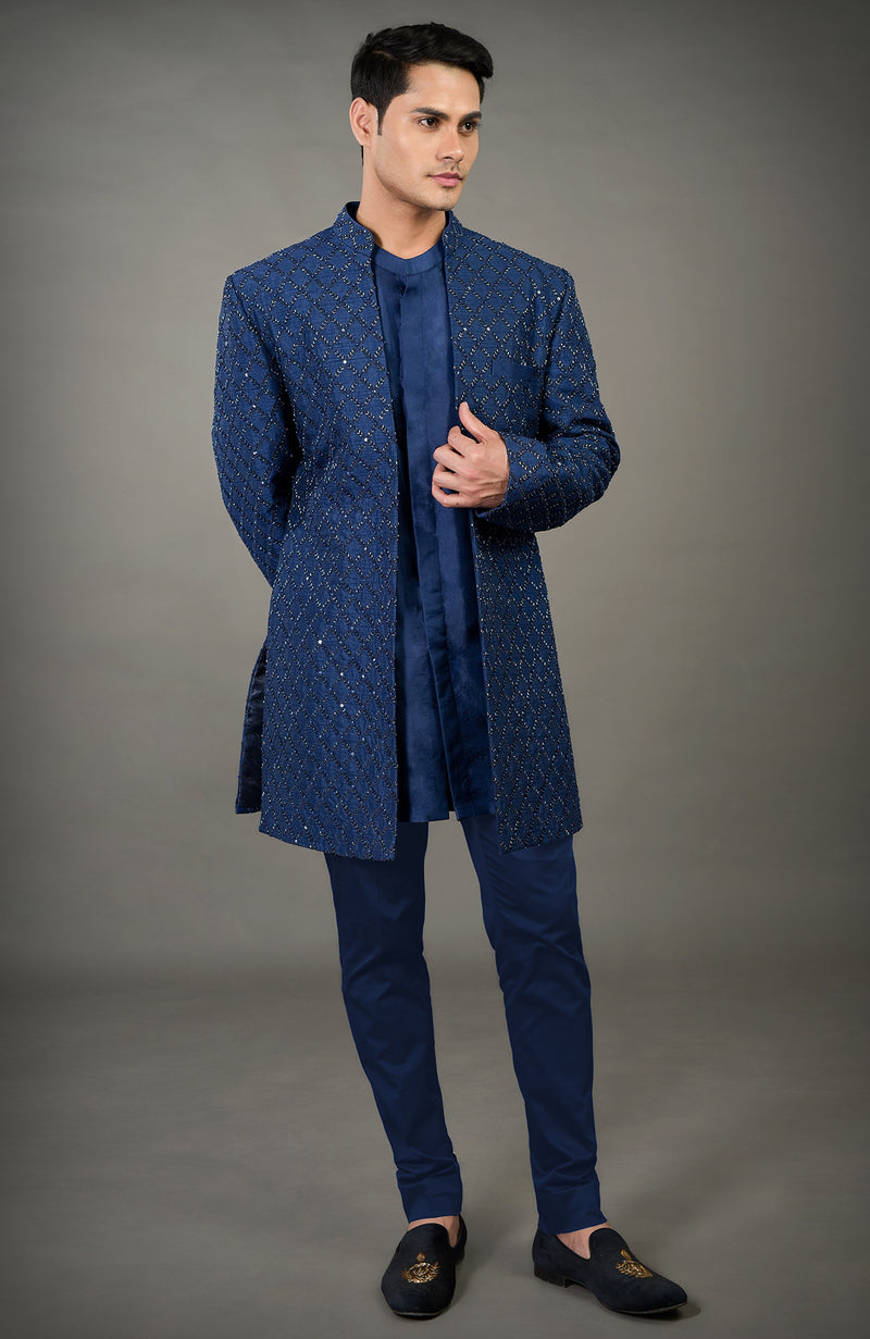 Navy Blue Chikankari Embellished Jacket Set