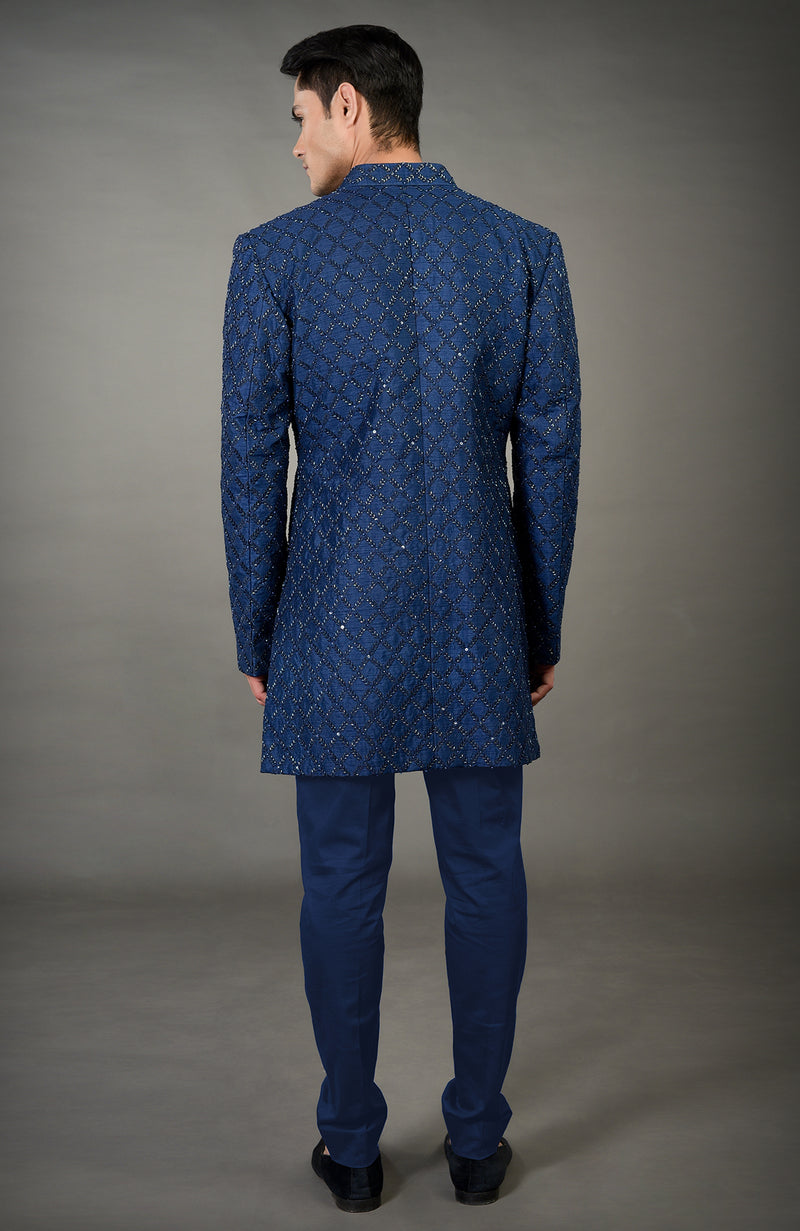 Navy Blue Chikankari Embellished Jacket Set