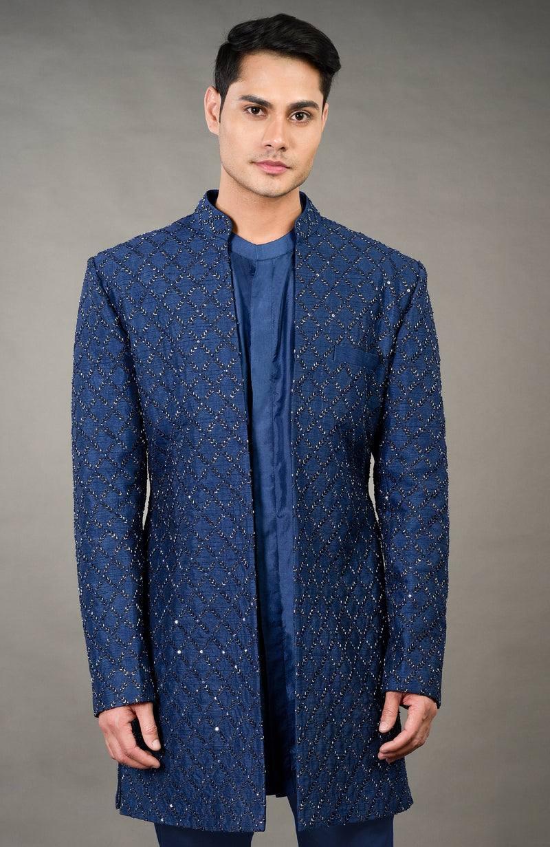 Navy Blue Chikankari Embellished Jacket Set