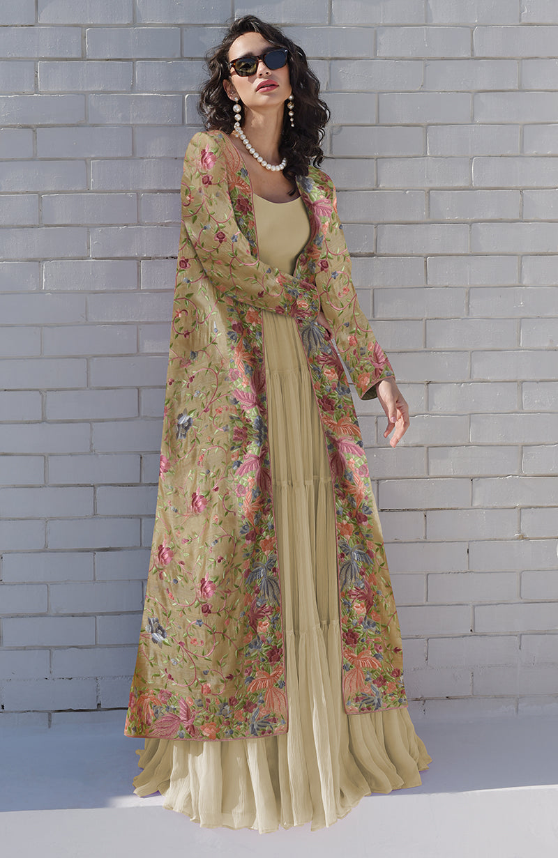 Beige Parsi Gara Embroidered Jacket Set