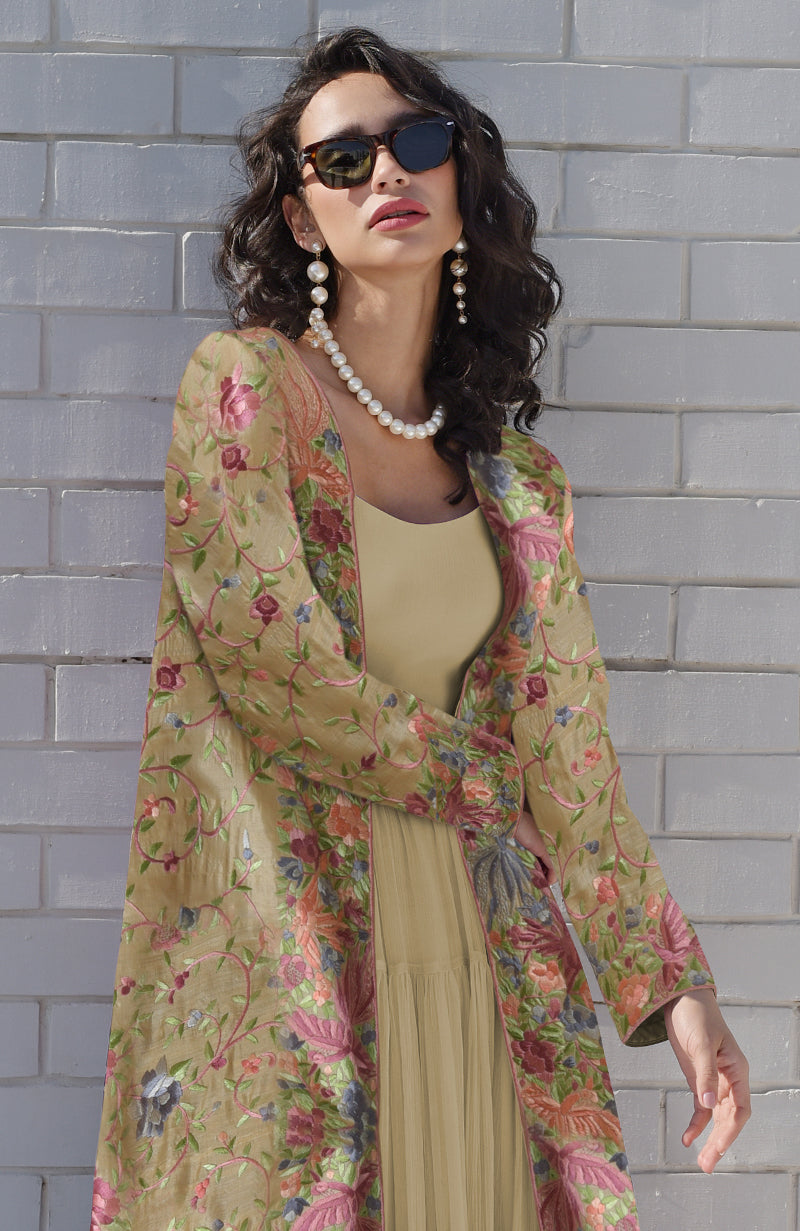 Beige Parsi Gara Embroidered Jacket Set
