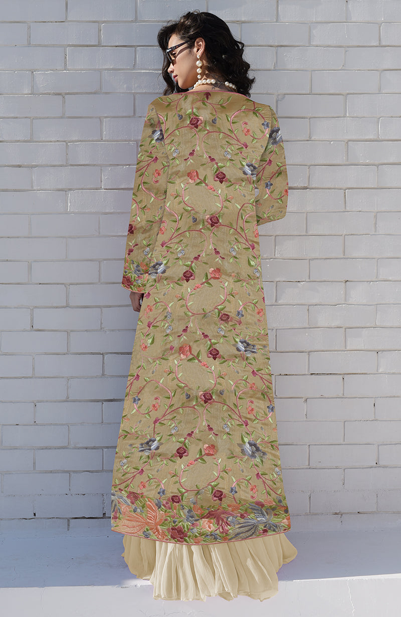Beige Parsi Gara Embroidered Jacket Set