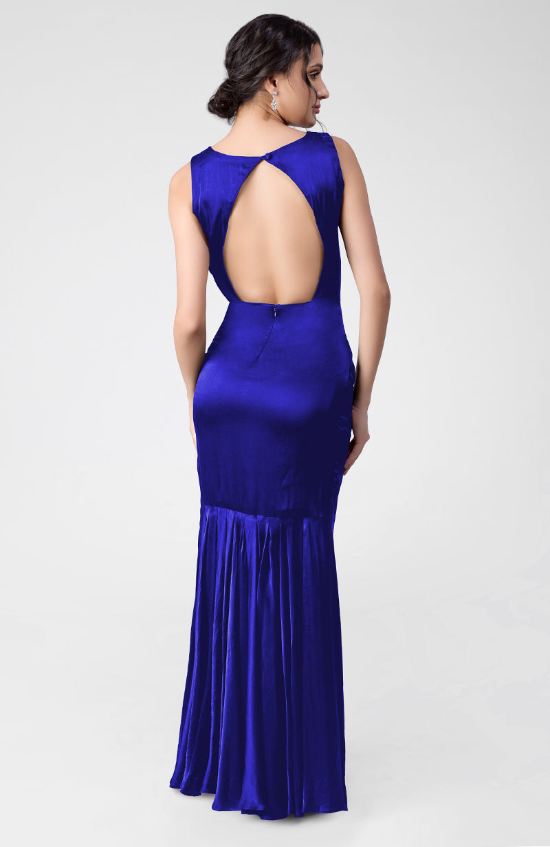 Egyptian Blue Silk Satin Crepe Gown With Back Pleated Detail