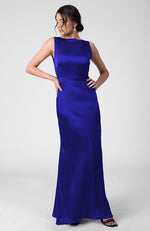 Egyptian Blue Silk Satin Crepe Gown With Back Pleated Detail