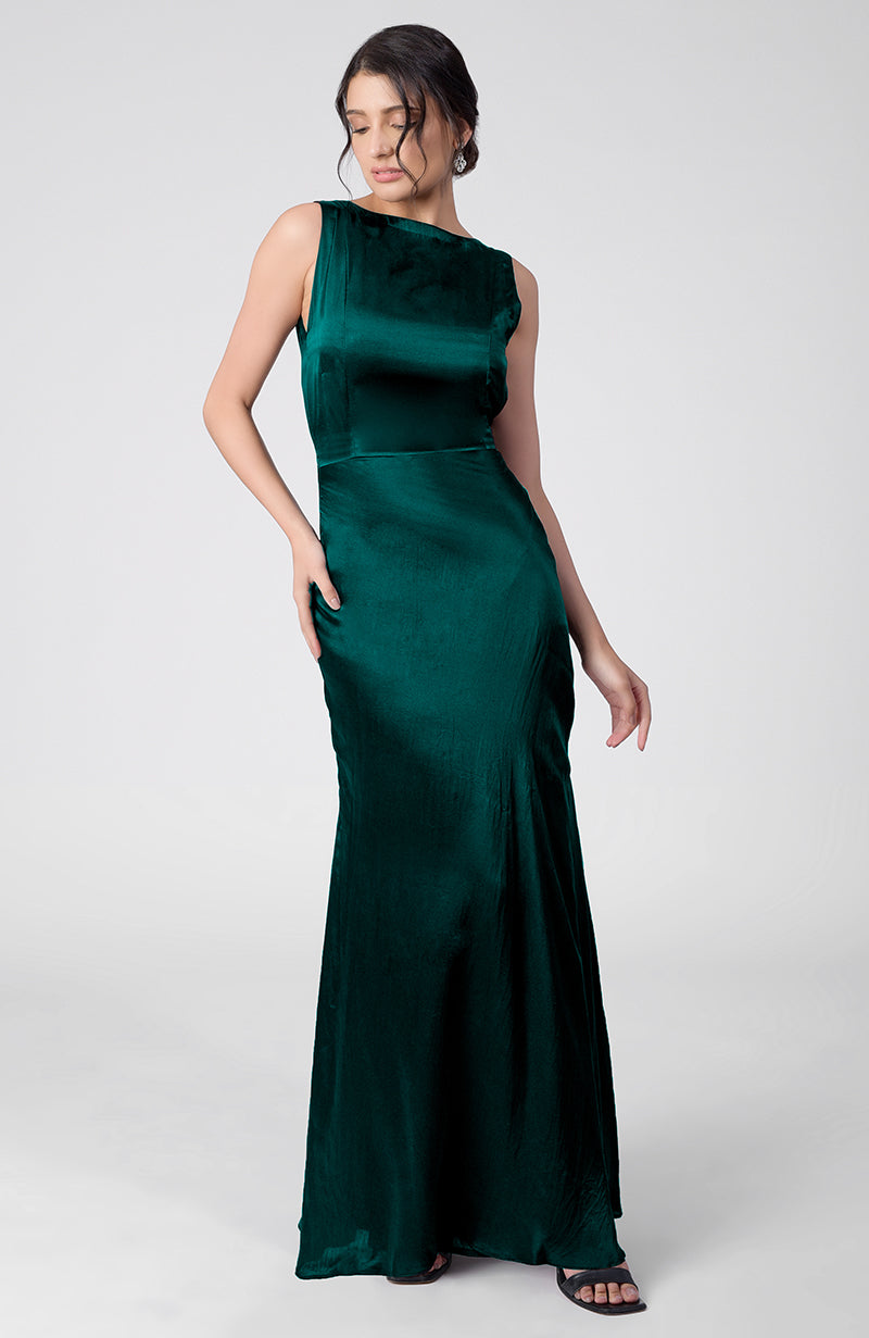Emerald Green Silk Satin Crepe Gown With Back Pleated Detail – Talking ...