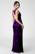 Plum Silk Satin Crepe Gown With Back Pleated Detail