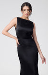 Classic Black Silk Satin Crepe Gown With Back Pleated Detail
