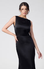 Classic Black Silk Satin Crepe Gown With Back Pleated Detail