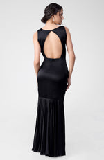 Classic Black Silk Satin Crepe Gown With Back Pleated Detail