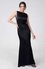 Classic Black Silk Satin Crepe Gown With Back Pleated Detail