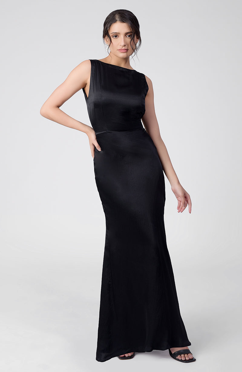 Classic Black Silk Satin Crepe Gown With Back Pleated Detail