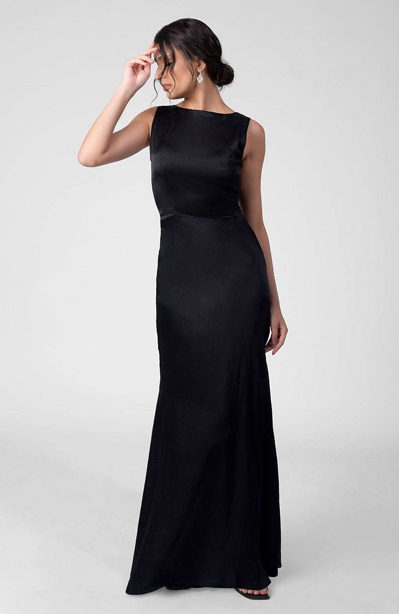 Classic Black Silk Satin Crepe Gown With Back Pleated Detail
