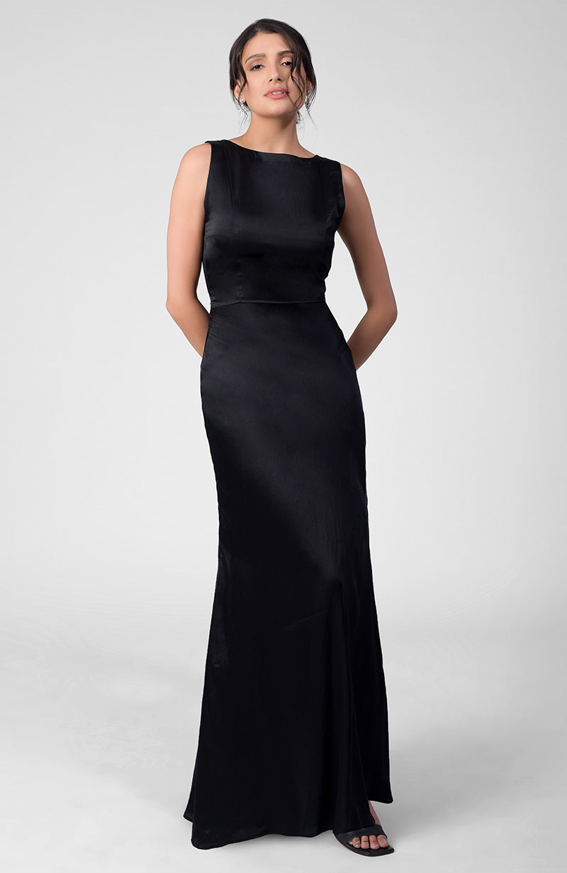Classic Black Silk Satin Crepe Gown With Back Pleated Detail