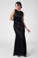 Classic Black Silk Satin Crepe Gown With Back Pleated Detail