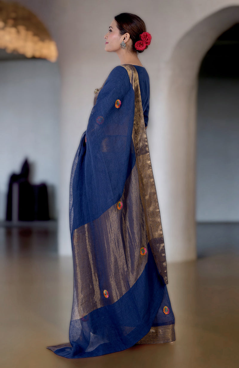 Navy Blue Kashidakari Embroidered Linen Saree & Blouse