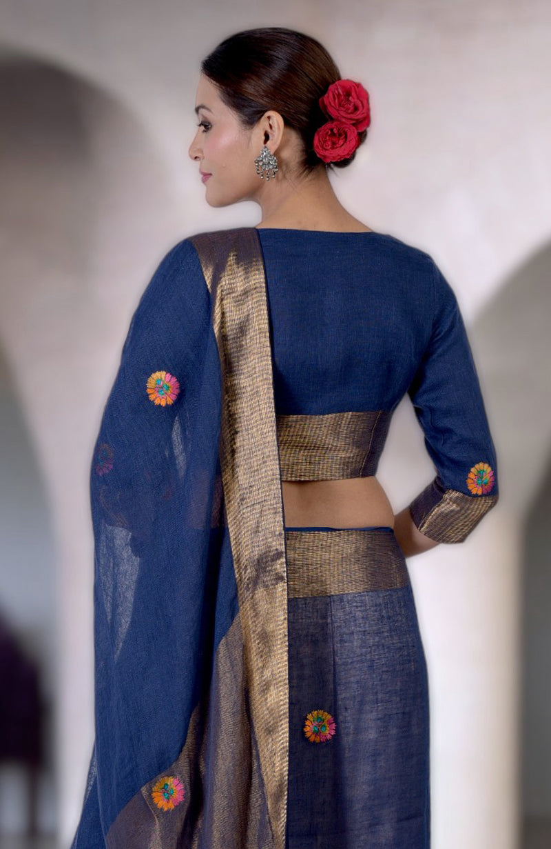 Navy Blue Kashidakari Embroidered Linen Saree & Blouse